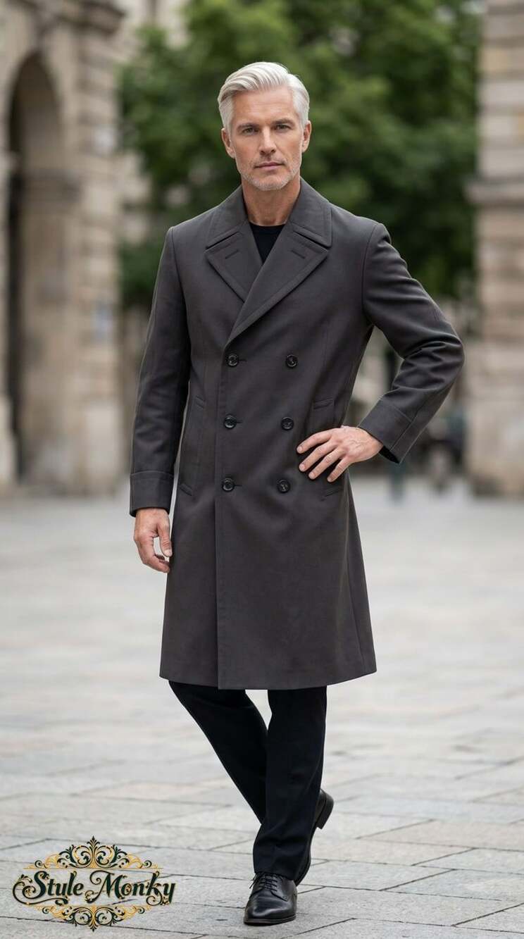 Vintage 1980s Men's Charcoal Grey Double-Breasted Long Dress Coat Size 42